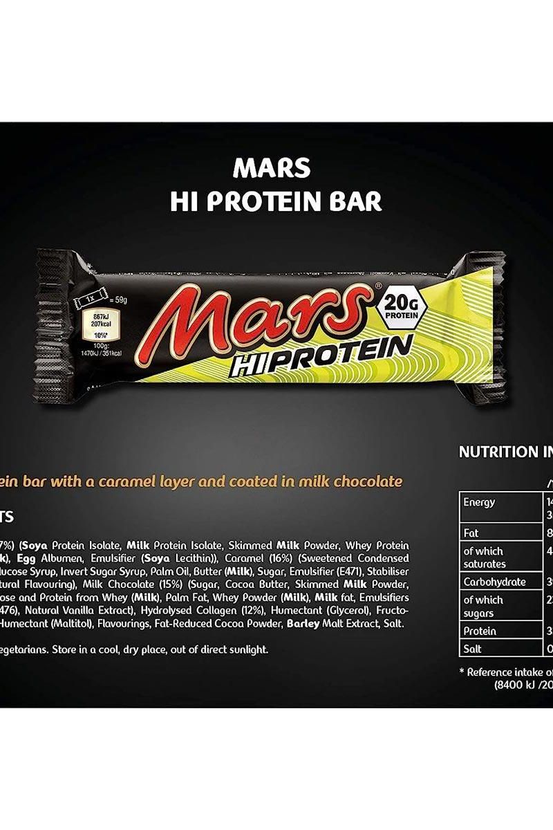 Mars Hi-Protein bar with 20g protein, low sugar, ideal post-workout snack, featuring caramel and milk chocolate.