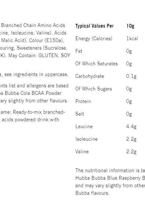 Nutritional information for Hubba Bubba BCAA Powder, showing calories, fat, carbs, protein, and amino acid content.