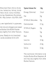 Nutritional information for Hubba Bubba BCAA Powder, showing calories, fat, carbs, protein, and amino acid content.