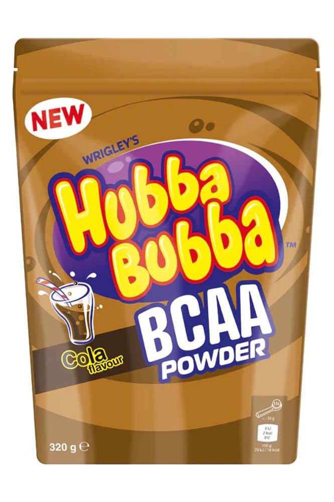 Hubba Bubba BCAA Powder in Cola flavor, 320g packaging showcasing unique design and branding.