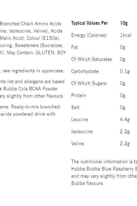 Nutritional information chart for Hubba Bubba BCAA Powder showing calories, amino acids, and ingredients.