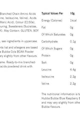 Nutritional information chart for Hubba Bubba BCAA Powder showing calories, amino acids, and ingredients.