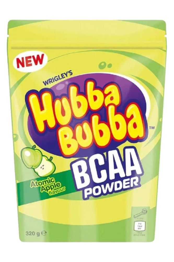 Hubba Bubba BCAA Powder in Atomic Apple flavor, 320g packaging showcasing unique taste experience.