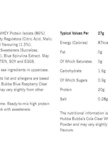 Nutritional information for Hubba Bubba Clear Whey Protein Powder, showing typical values per 27g serving.
