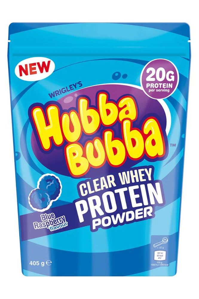 Hubba Bubba Clear Whey Protein Powder in Blue Raspberry flavor, 405g pack with 20g protein per serving.