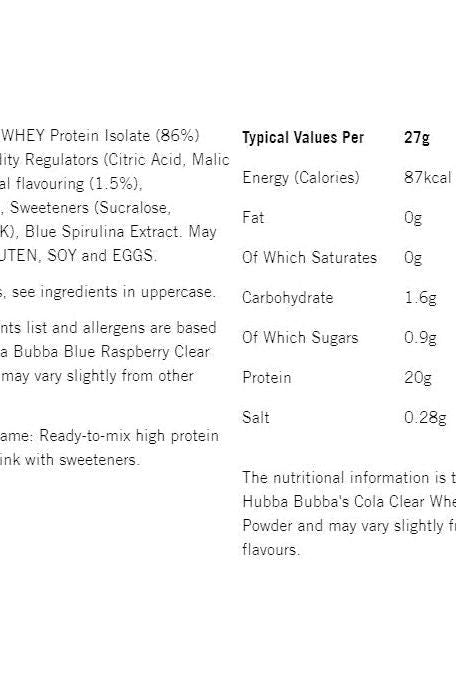 Nutritional information for Hubba Bubba Blue Raspberry Clear Whey Protein Powder, 27g serving, showing calories and ingredients.