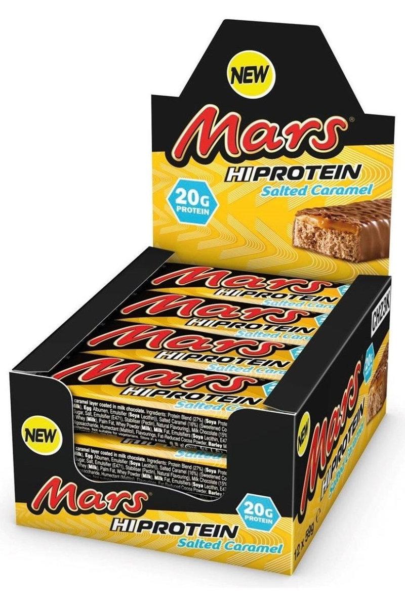 Mars Hi-Protein Bars with Salted Caramel packaging featuring 20g protein per bar, low sugar and calorie content.