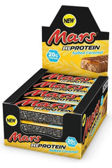 Mars Hi-Protein Bars with Salted Caramel packaging featuring 20g protein per bar, low sugar and calorie content.