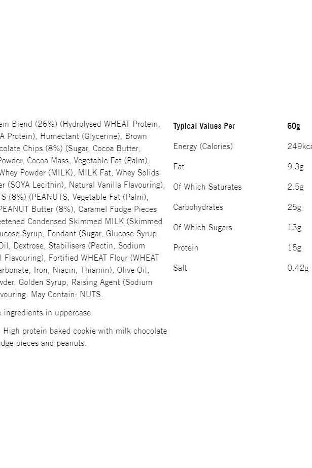 Nutritional information for Mars Snickers HI-PROTEIN Cookie, detailing ingredients and typical values per 60g serving.