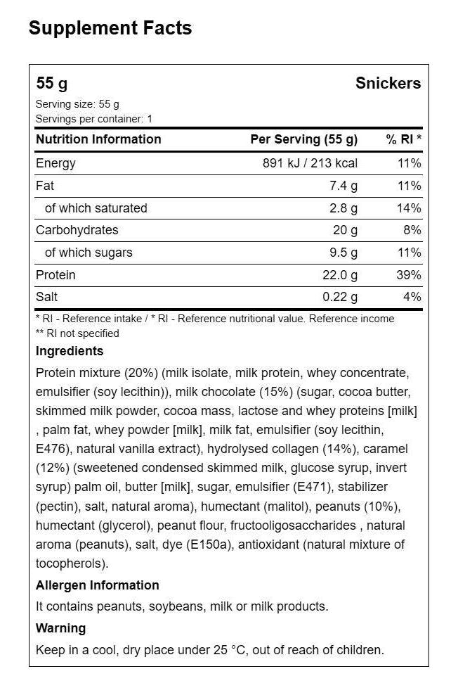 Supplement facts for Snickers high protein bar showing nutritional info, ingredients, and allergens.