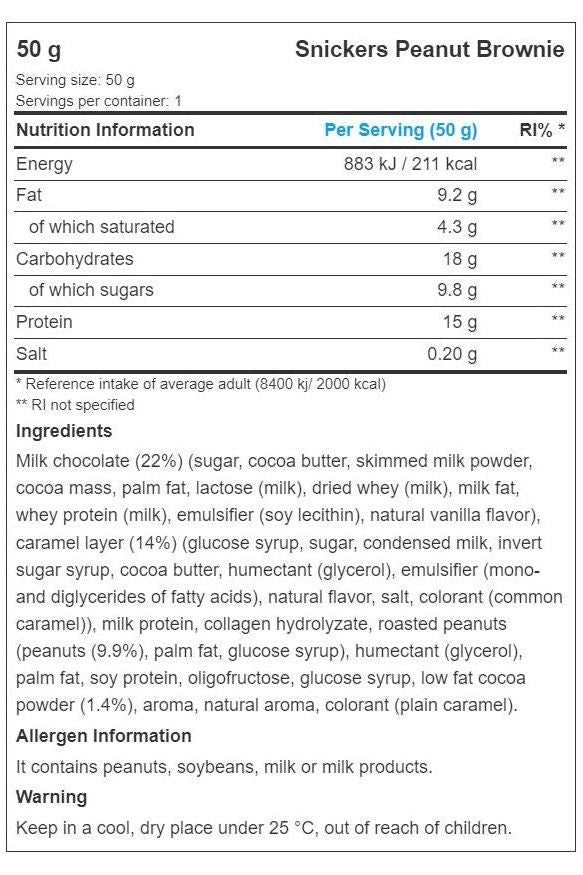Nutrition information for Snickers Peanut Brownie High Protein Bar, including ingredients and serving details.