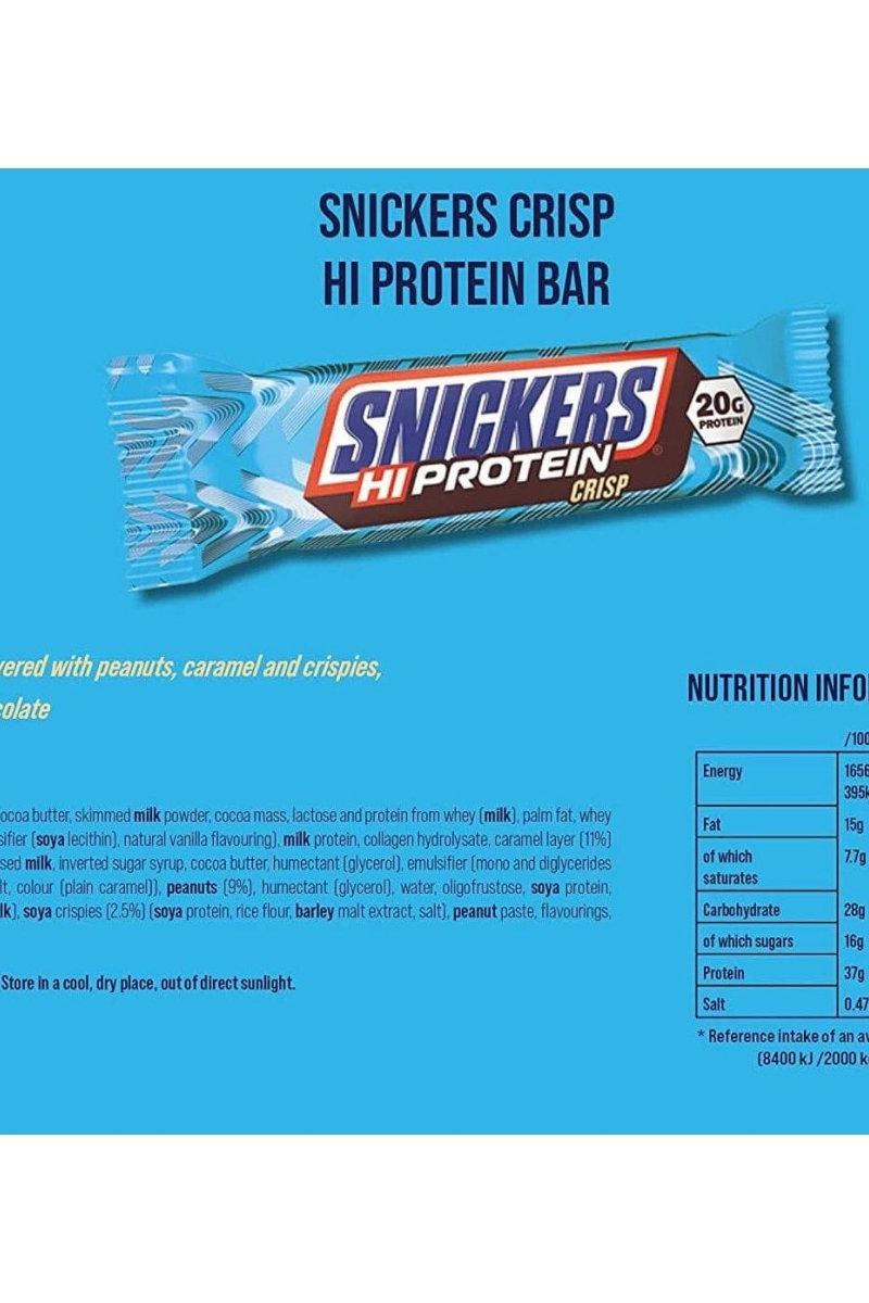 Mars Snickers Hi Protein Crisp Bar packaging with nutrition info, featuring peanuts and caramel flavor.