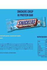 Mars Snickers Hi Protein Crisp Bar packaging with nutrition info, featuring peanuts and caramel flavor.