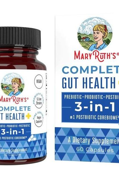 MaryRuth Organics Complete Gut Health+ supplement bottle and box, promoting gut health and immune support.