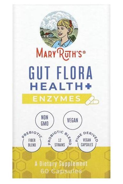 MaryRuth Organics Gut Flora Health+ Enzymes dietary supplement with vegan capsules, promoting gut health and digestion.