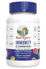 MaryRuth Organics Immunity Gummies bottle, pectin-based, raspberry lemonade flavor, supports immune health, dietary supplement, 90 gummies.