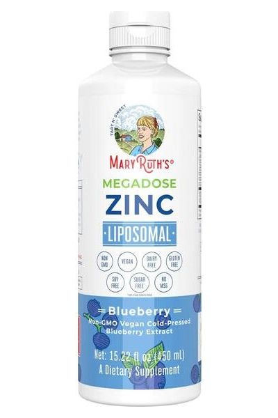 MaryRuth Organics Megadose Zinc Liposomal dietary supplement for improved zinc absorption, with blueberry flavor.