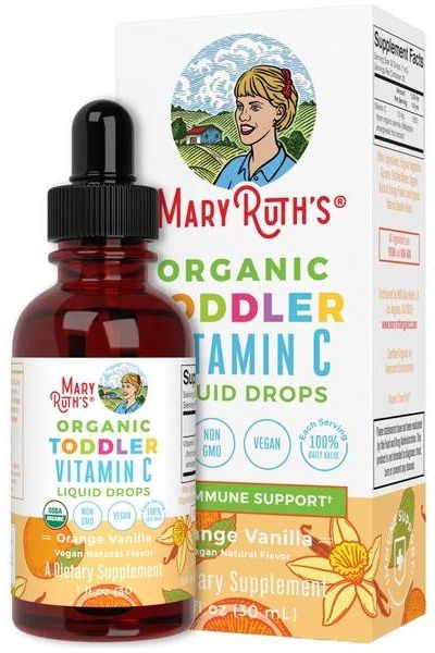 MaryRuth's Organic Toddler Vitamin C Liquid Drops for immune support in a vibrant orange vanilla flavor.