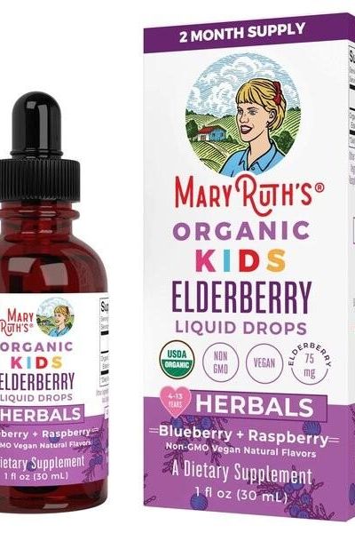 MaryRuth Organics Organic Kids Elderberry Liquid Drops in blueberry and raspberry flavor, 30 ml dietary supplement for immune support.