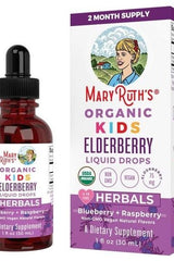 MaryRuth Organics Organic Kids Elderberry Liquid Drops in blueberry and raspberry flavor, 30 ml dietary supplement for immune support.