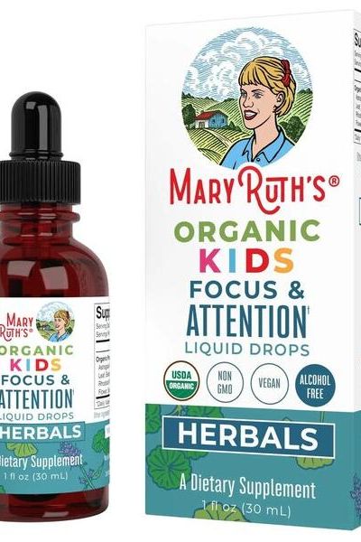 MaryRuth Organics Organic Kids Focus & Attention Liquid Drops bottle and box, a dietary supplement for children's focus.