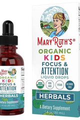 MaryRuth Organics Organic Kids Focus & Attention Liquid Drops bottle and box, a dietary supplement for children's focus.