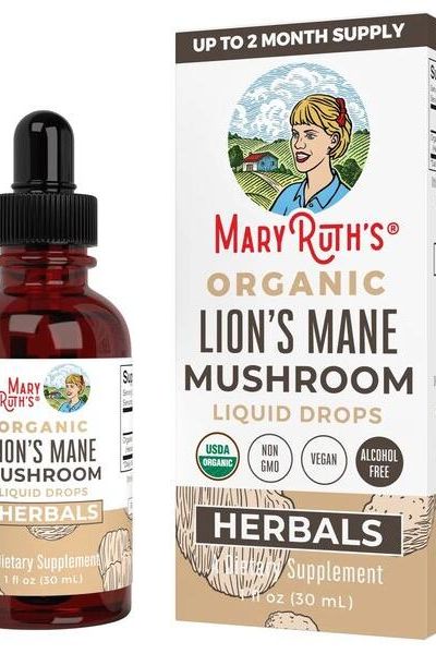 MaryRuth Organics Organic Lion's Mane Mushroom Liquid Drops bottle and box for brain health support.