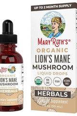 MaryRuth Organics Organic Lion's Mane Mushroom Liquid Drops bottle and box for brain health support.