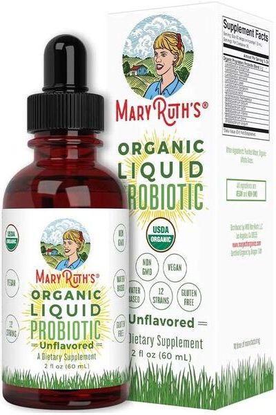 MaryRuth Organics Organic Liquid Probiotic in a 2 oz bottle, USDA Organic dietary supplement, supports gut health.
