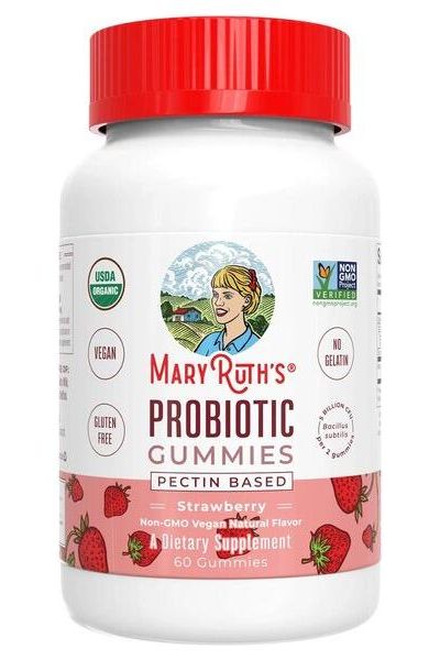 MaryRuth Organics Probiotic Gummies bottle with strawberry flavor, vegan, gluten-free, and pectin-based supplement for digestion.