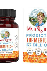 MaryRuth Organics Probiotic Turmeric+ dietary supplement bottle and box, featuring turmeric and probiotic benefits.