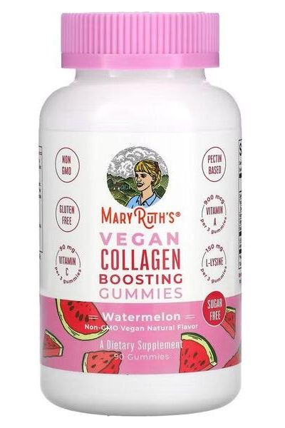 MaryRuth Organics Vegan Collagen Boosting Gummies with watermelon flavor, non-GMO and gluten-free, 30 gummies bottle.