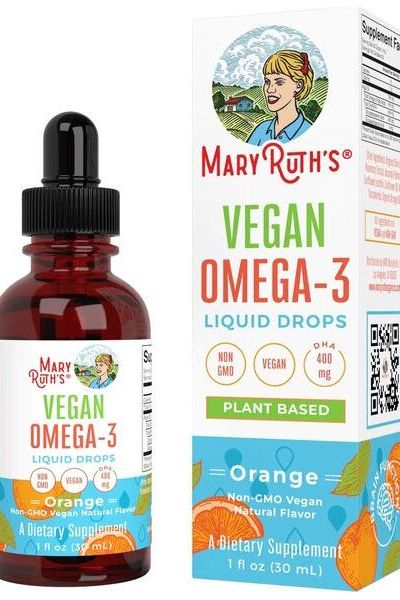MaryRuth Organics Vegan Omega-3 liquid drops in a brown glass bottle with orange flavor packaging.