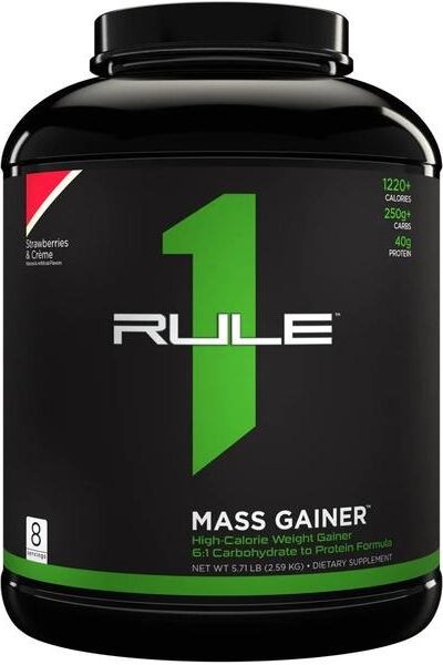 Rule One Mass Gainer protein powder tub, high-calorie formula for muscle gain and recovery.