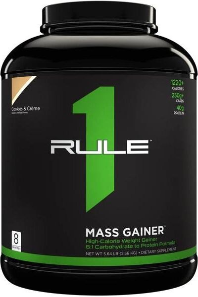 Rule One Mass Gainer protein powder, high-calorie formula for muscle growth and recovery.