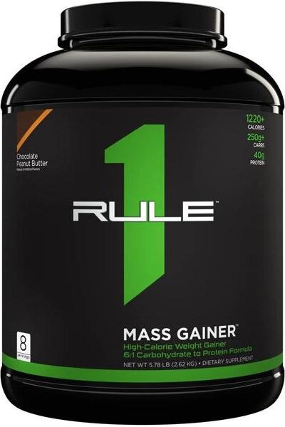 Rule One Mass Gainer protein supplement tub designed for muscle growth and recovery with chocolate peanut butter flavor.