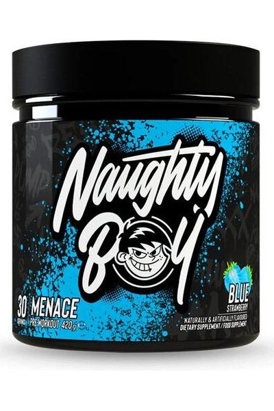 Naughty Boy Menace pre-workout supplement in a blue container, designed for energy and muscle pump.