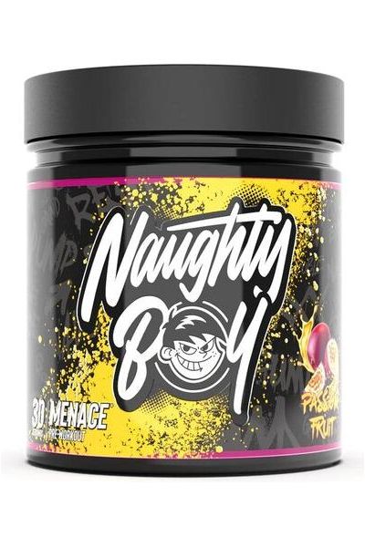 Naughty Boy Menace pre-workout supplement container with vibrant yellow design and fruit flavor.