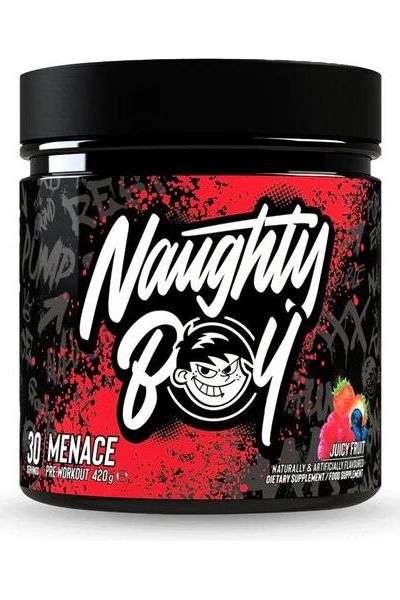 Naughty Boy MENACE pre-workout supplement jar with Juicy Fruit flavor, designed for energy and muscle pump.