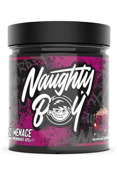 Naughty Boy Menace pre-workout supplement jar, 420g, designed for energy and muscle pump during workouts.
