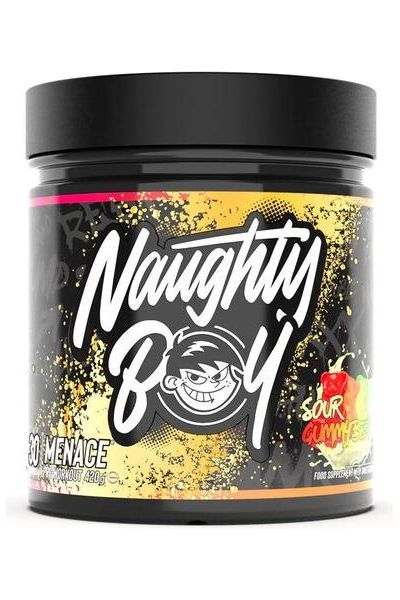 Naughty Boy MENACE pre-workout supplement jar with vibrant sour gummy design.