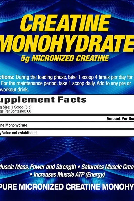 Label for MHP Creatine Monohydrate, 5g per serving, nutritional facts and benefits for muscle energy and strength.