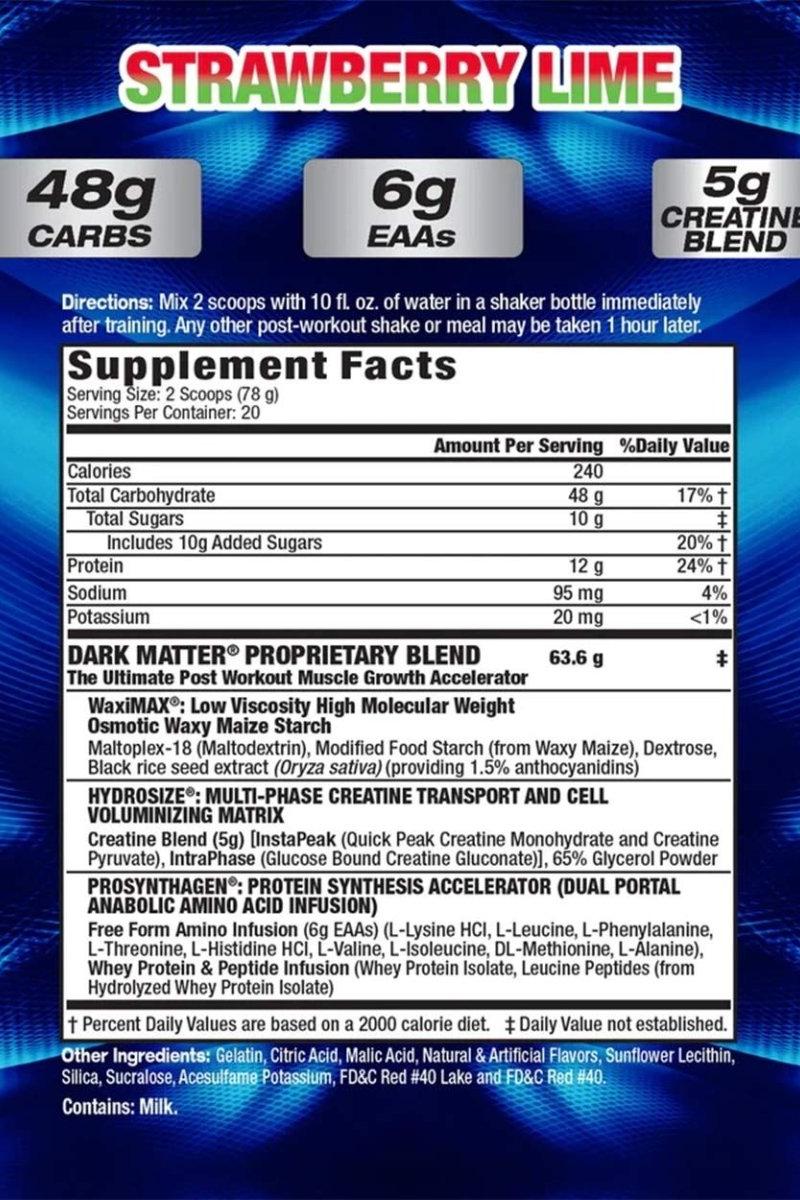 Supplement facts for MHP Dark Matter Strawberry Lime flavor, detailing carbs, EAAs, and creatine content.