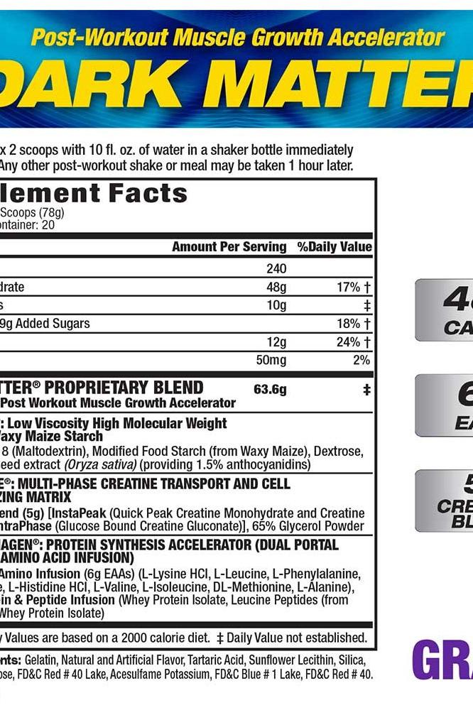 Nutritional label for MHP Dark Matter, a post-workout muscle growth accelerator showing ingredients and benefits.