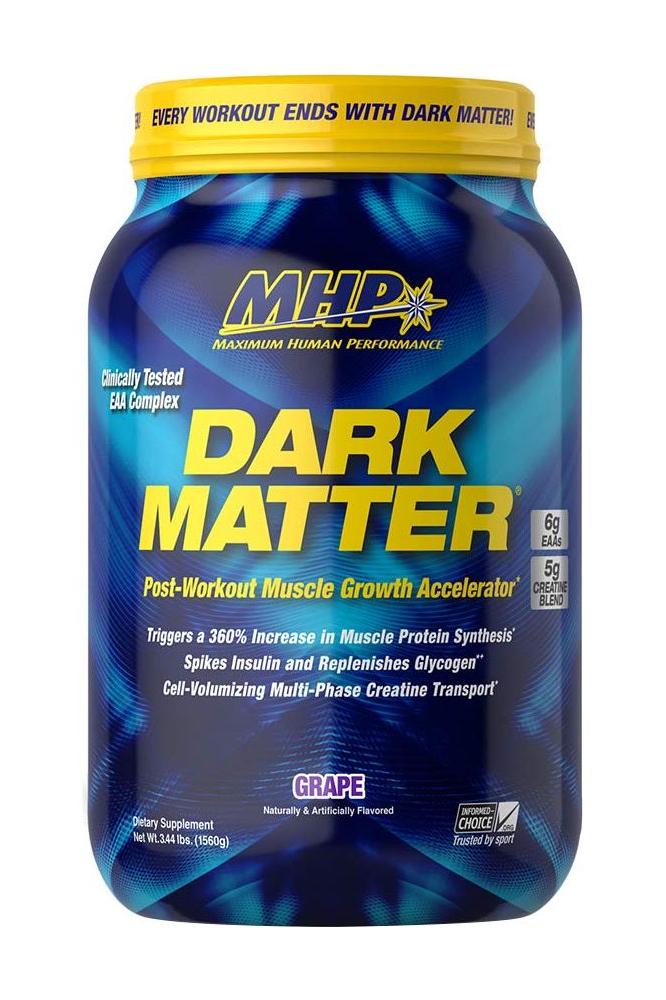 MHP Dark Matter post-workout muscle growth accelerator container with EAA complex, promoting rapid absorption and muscle recovery.