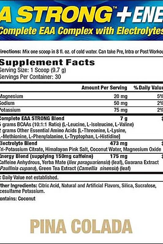 Nutrition label for MHP EAA Strong with amino acids and electrolytes, flavored coconut, Pina Colada variant.