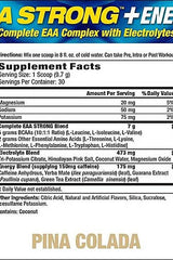 Nutrition label for MHP EAA Strong with amino acids and electrolytes, flavored coconut, Pina Colada variant.