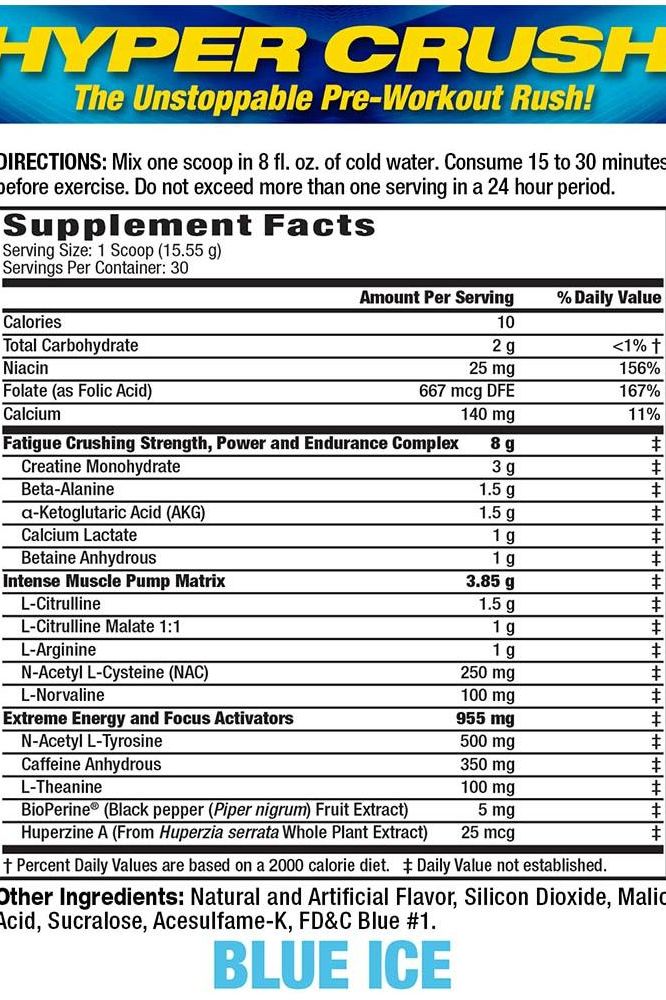 Supplement facts for MHP - Hyper Crush pre-workout energy formula, highlighting ingredients and benefits.