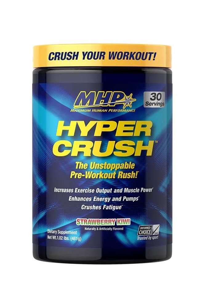 MHP Hyper Crush pre-workout supplement in strawberry kiwi flavor, boosts energy and muscle power for enhanced workouts.