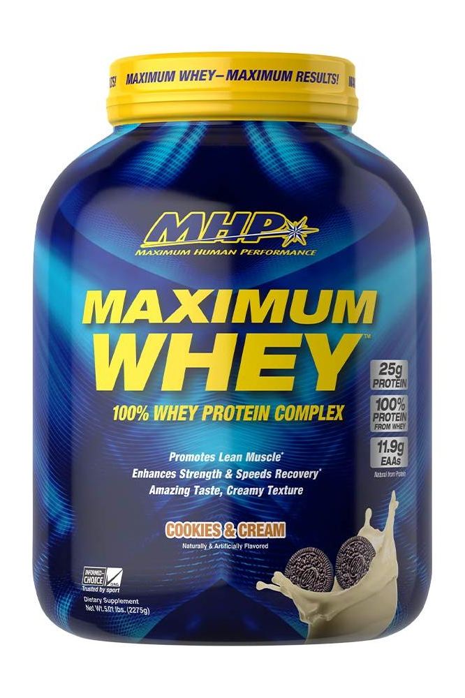 MHP Maximum Whey 100% Whey Protein powder, cookies and cream flavor, 25g protein per serving.